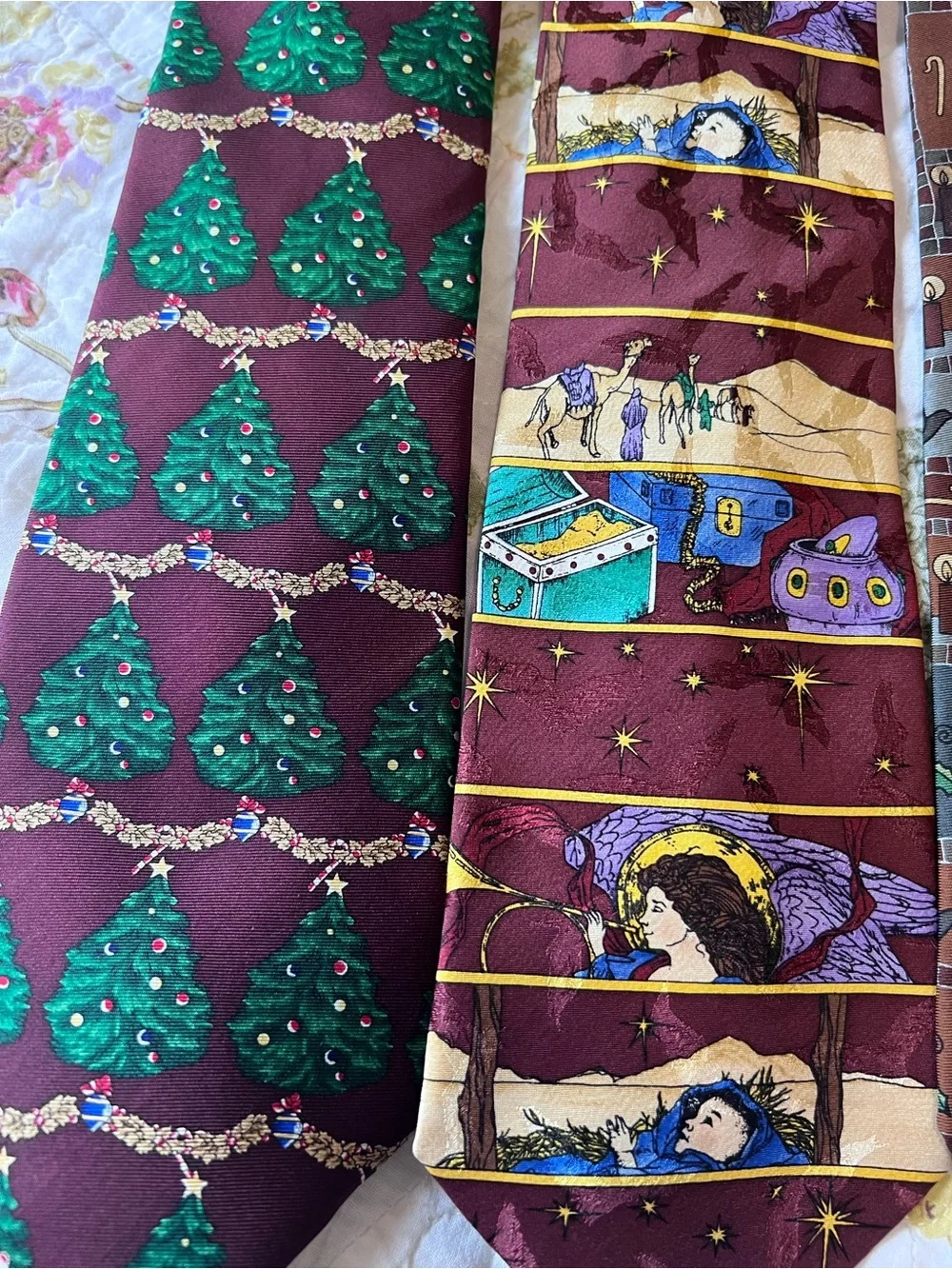 VTG Christmas Nativity Silk Tie Bundle Stained Glass Eagles Wings Noel 4pc